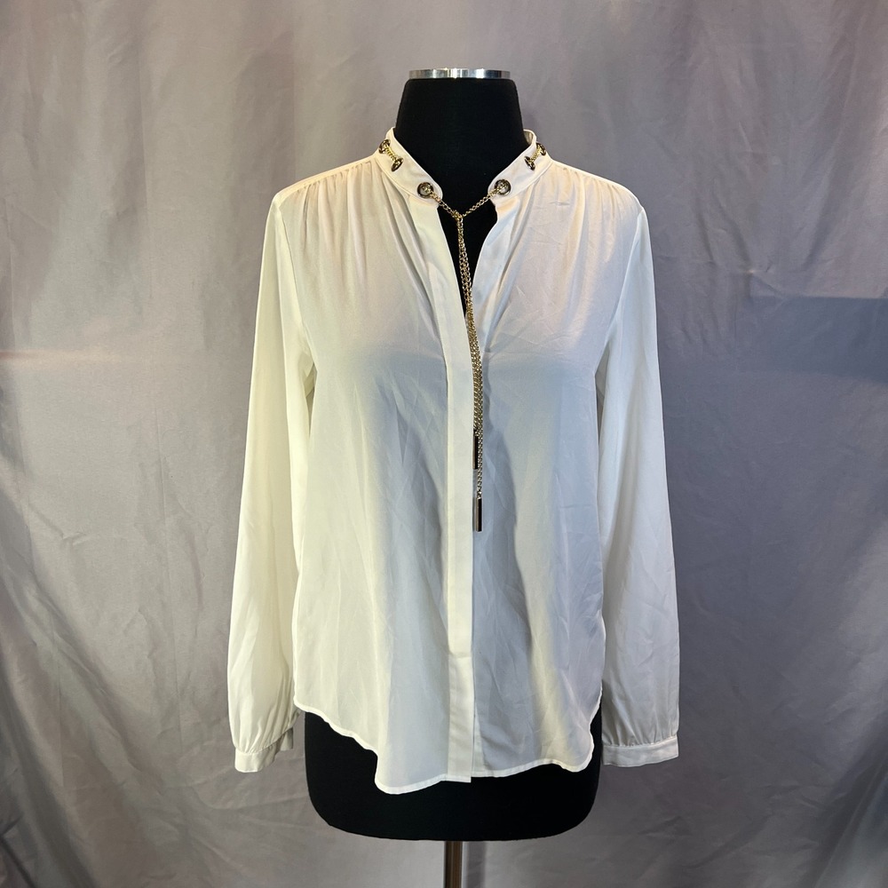 Michael Kors Blouse Top Womens 4 White Gold Toned Chain Detail Front Placket